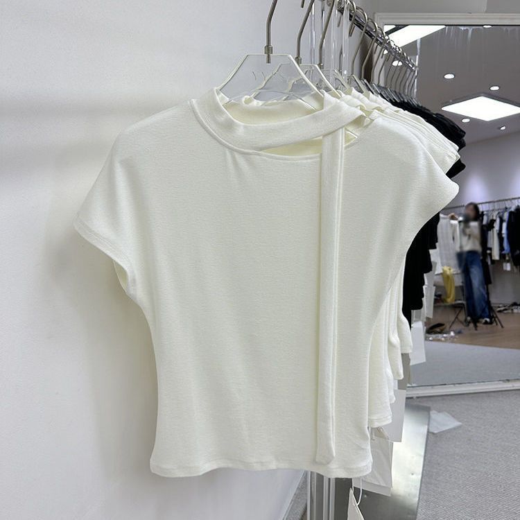Solid Color Hollow Streamer Short-sleeved T-shirt Women's Summer Korean Slim-fitting And Thin Versatile Design Sense Niche Ins Style Top_ecoleips.com