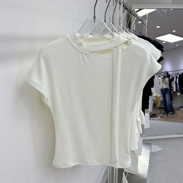 Solid Color Hollow Streamer Short-sleeved T-shirt Women's Summer Korean Slim-fitting And Thin Versatile Design Sense Niche Ins Style Top_ecoleips.com