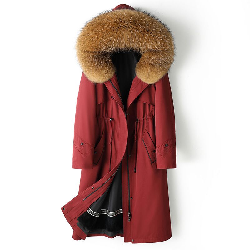 Women's Detachable Rabbit Fur Parka Coat, Knee-Length & Ankle-Length Winter Jacket With Hood, Windproof Outerwear For Extreme Cold (M-XXXL), Wine Red_ecoleips.com