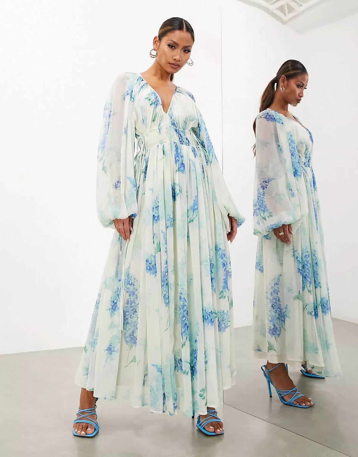 Women's Printed Chiffon V Neck Perspective Pleated Waist Drawstring Long Sleeve Dress_ecoleips.com