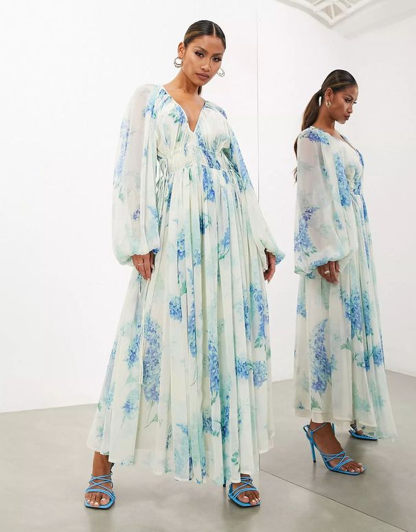Women's Printed Chiffon V Neck Perspective Pleated Waist Drawstring Long Sleeve Dress_ecoleips.com