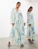 Women's Printed Chiffon V Neck Perspective Pleated Waist Drawstring Long Sleeve Dress_ecoleips.com