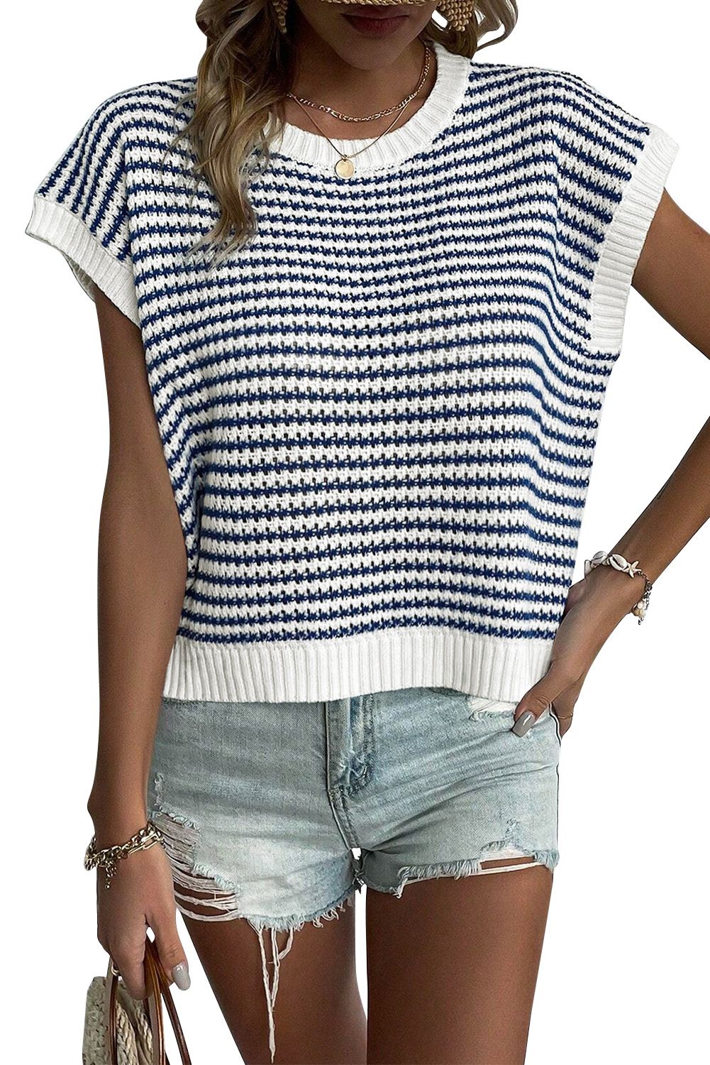 Women's Clothing New Fashion Striped Sweater Casual Contrast Color Bat Sleeve Round Neck Sweater_ecoleips.com