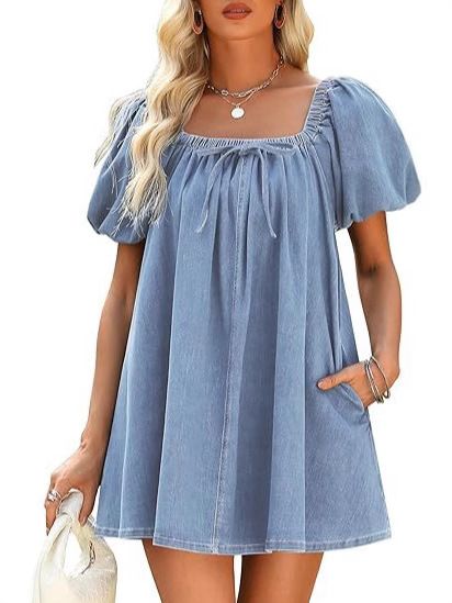 Women's Square Neck Puff Sleeve Tie Waist Flowy Mini Dress Denim_ecoleips.com