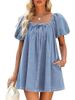 Women's Square Neck Puff Sleeve Tie Waist Flowy Mini Dress Denim_ecoleips.com