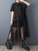 2026 Summer New Patchwork Mesh Shirt Dresses For Woman Short Sleeve Loose Casual Vintage Ladies Dress Fashion Elegant Clothing_ecoleips.com