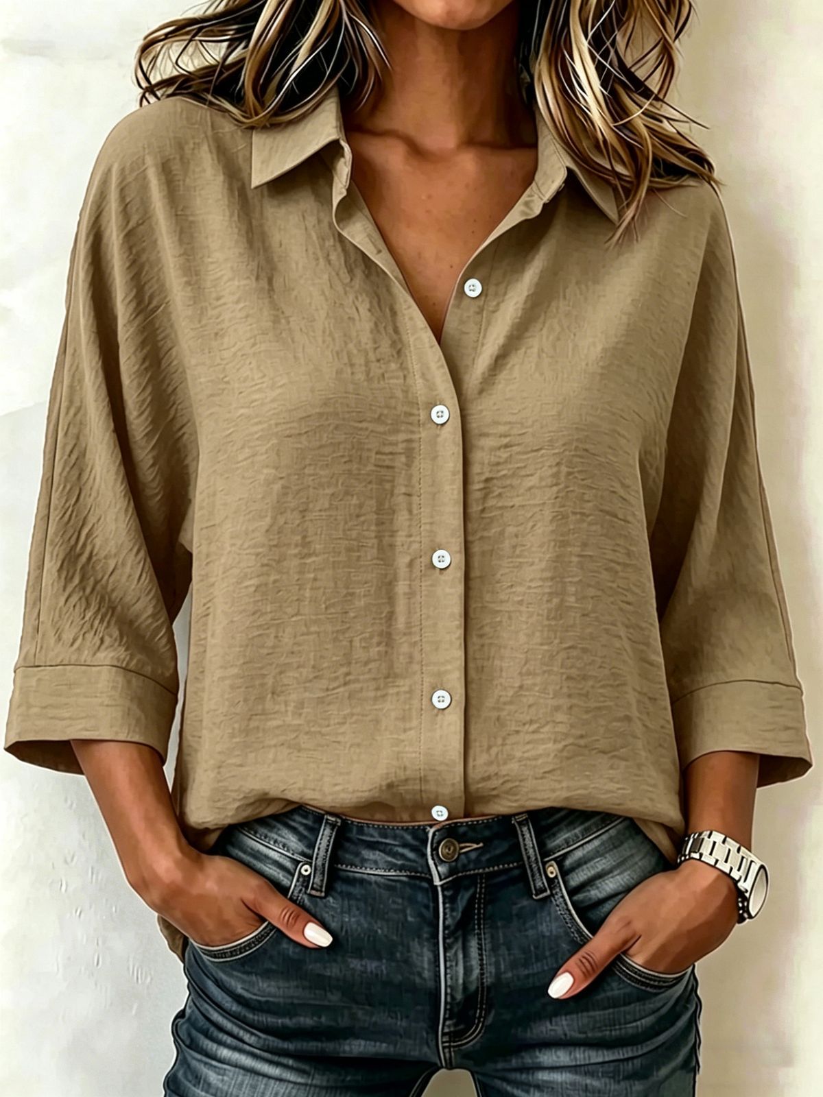 Women's Solid Color Casual Loose Shirt Spring Autumn European American Style Single Breasted Linen Top Nine Sleeve_ecoleips.com