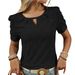 Women's Clothing Solid Color Round Neck Button Short Sleeved T Shirt Hollow Top_ecoleips.com