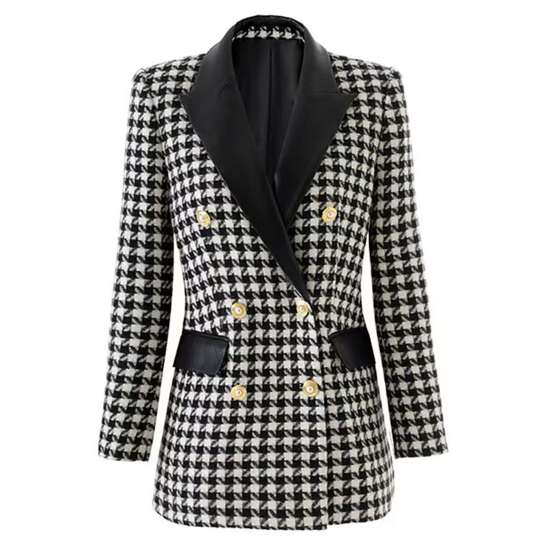 Women's Houndstooth Blazer With PU Collar & Contrast Stitching, Double-Breasted Elegant Office Jacket For Professional Chic Style"_ecoleips.com