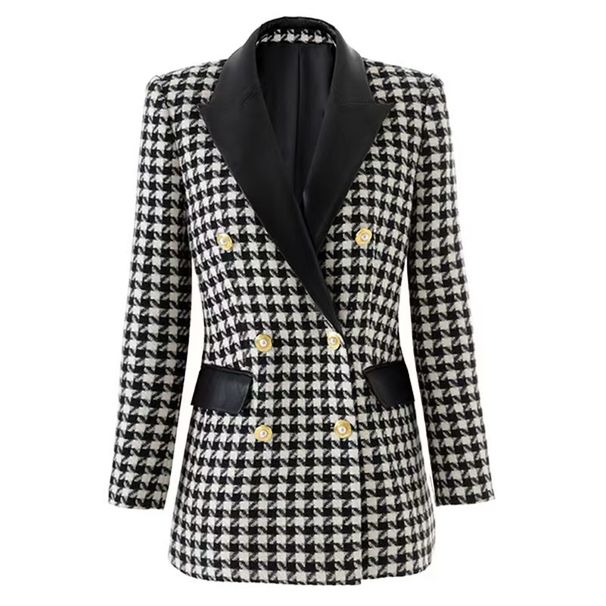 Women's Houndstooth Blazer With PU Collar & Contrast Stitching, Double-Breasted Elegant Office Jacket For Professional Chic Style"_ecoleips.com