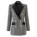 Women's Houndstooth Blazer With PU Collar & Contrast Stitching, Double-Breasted Elegant Office Jacket For Professional Chic Style"_ecoleips.com
