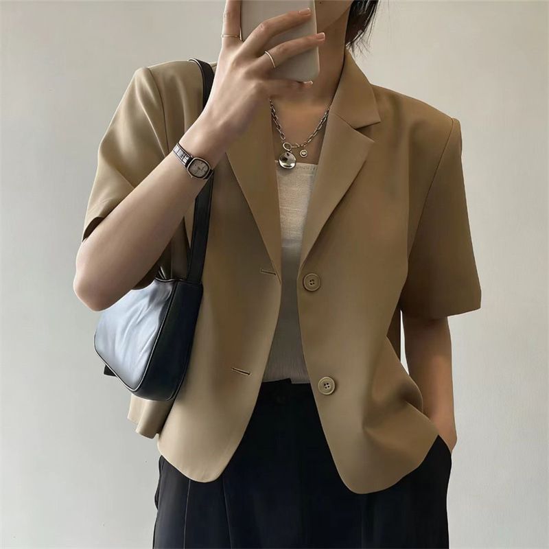 Off White Short Sleeved Blazer Women's Outerwear Trendy Petite Fit Summer Style_ecoleips.com