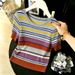 Summer New Women's Slim Fit Rainbow Striped Ice Silk Crew Neck Knitted Short Sleeve T-Shirt Top_ecoleips.com
