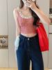 10103 # Spring/Summer New Country Style European And American Women's Plaid Lace Trim Bow Sweet Camisole Top_ecoleips.com
