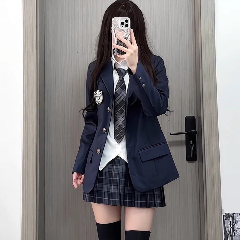 girl JK Uniform Navy Blue Suit College Style Blazer Plaid Skirt Shirt Outfit Set For Women_ecoleips.com