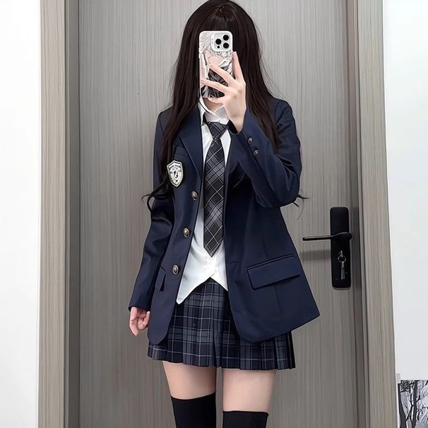 girl JK Uniform Navy Blue Suit College Style Blazer Plaid Skirt Shirt Outfit Set For Women_ecoleips.com
