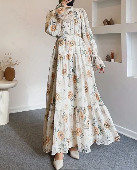 Round Neck Trumpet Sleeve Button Temperament Flower With Belt Long Elegant Dress_ecoleips.com