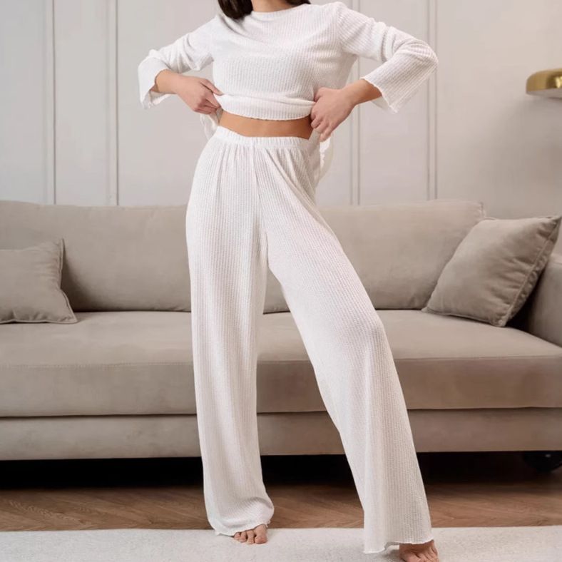 Autumn New Knitted Jacquard Comfortable Sleeve Long Pants Pajama Set European And American Cross-Border_ecoleips.com