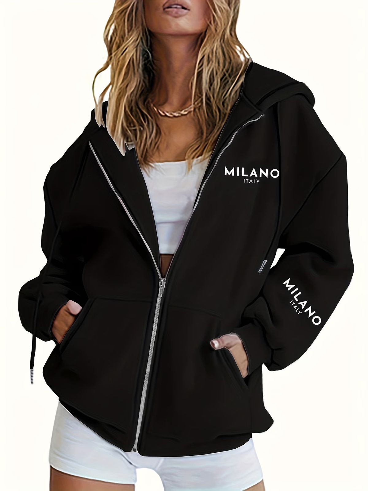 Women's Printed Cardigan Jacket Long Sleeve Boyfriend Style Loose Casual Hooded Zipper Print_ecoleips.com