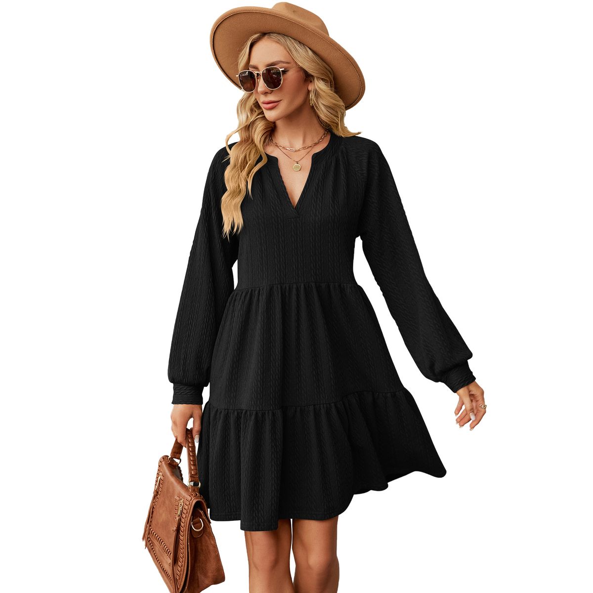 Autumn And Winter New Solid Color V-neck Loose Pleated Splicing Long-sleeved Dress_ecoleips.com