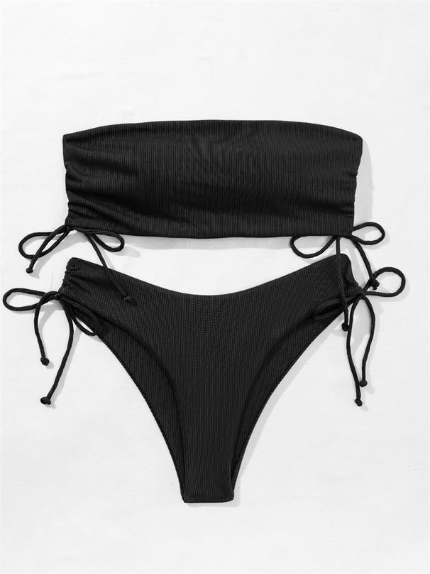 Women's Strapless Drawstring Bikini Swimsuit European American Style Solid Color High-End Feel Backless Two-Piece With Breast Pads_ecoleips.com