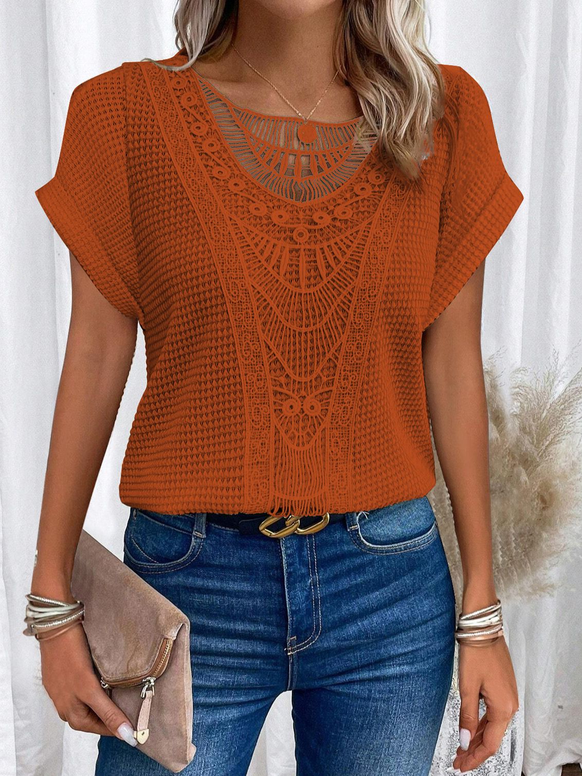 Women's Short Sleeve T-Shirt Lace Trimmed Patchwork Cross Border Spring/Summer_ecoleips.com