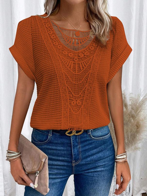 Women's Short Sleeve T-Shirt Lace Trimmed Patchwork Cross Border Spring/Summer_ecoleips.com