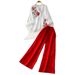 Women's French Style Printed Shirt V Neck Single Breasted Loose Chiffon Top Breathable Casual Two Piece Set_ecoleips.com