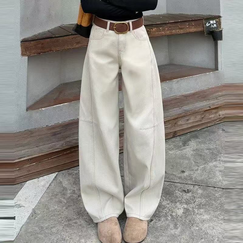 Women's High Waist Wide Leg Jeans Retro Curved Slimming Straight Leg Loose Fit Floor Length Pants Bright Gray Spring Autumn 2026_ecoleips.com