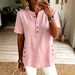 Summer New Women's Henley Collar Top Half Open Short Sleeve Side Buttons Loose Casual Solid Color T-Shirt_ecoleips.com