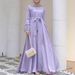 Modest Muslim Abaya Dress With Elegant Lace Trim – Flowy Polyester Maxi Dress In Solid Colors (Lavender, Burgundy, Olive, Beige, Sky Blue)_ecoleips.com