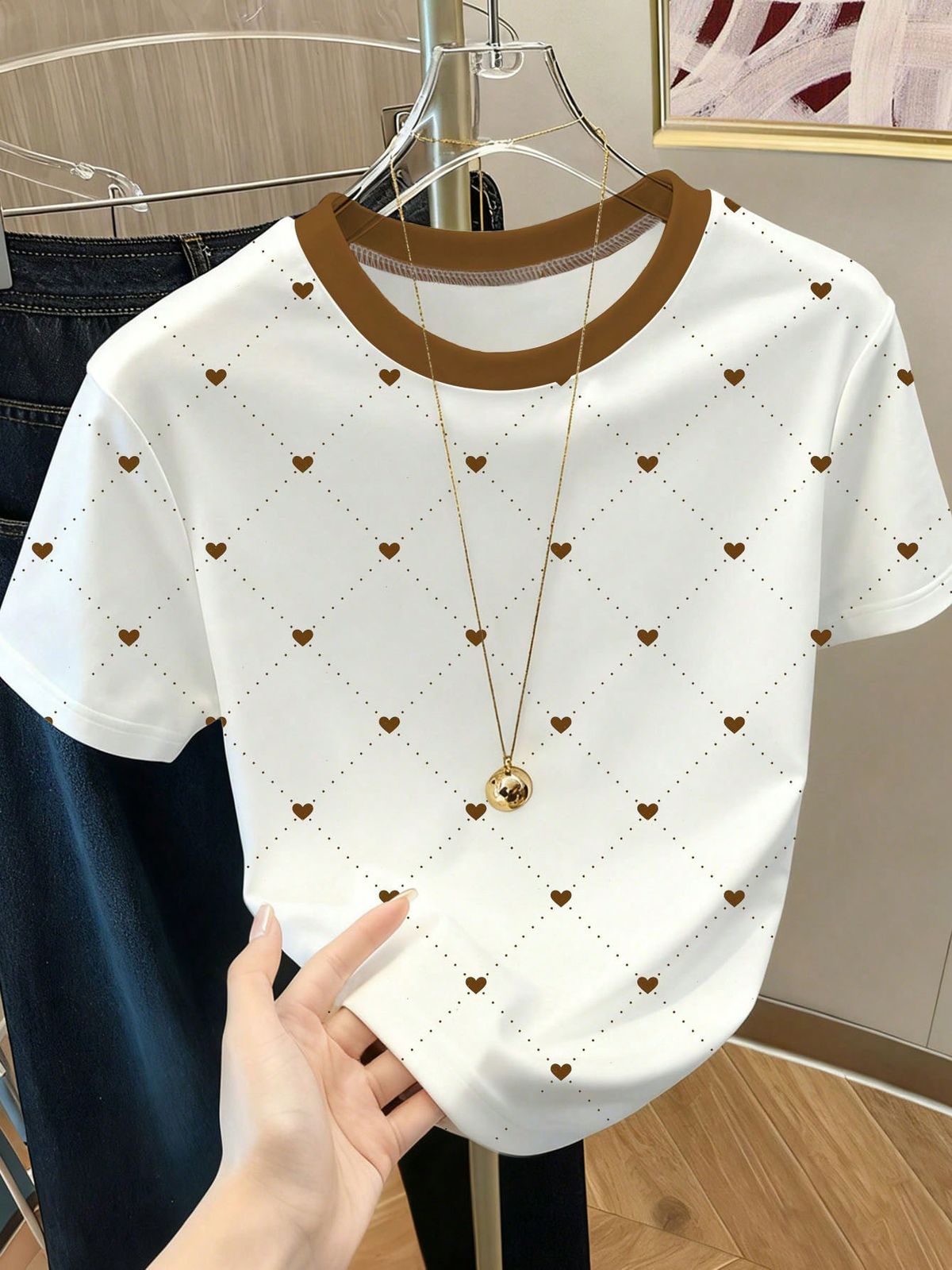 Women's Polka Dot Short Sleeve T-Shirt Heart Print round Neck Elegant Blouse Breathable Polyester Top_ecoleips.com
