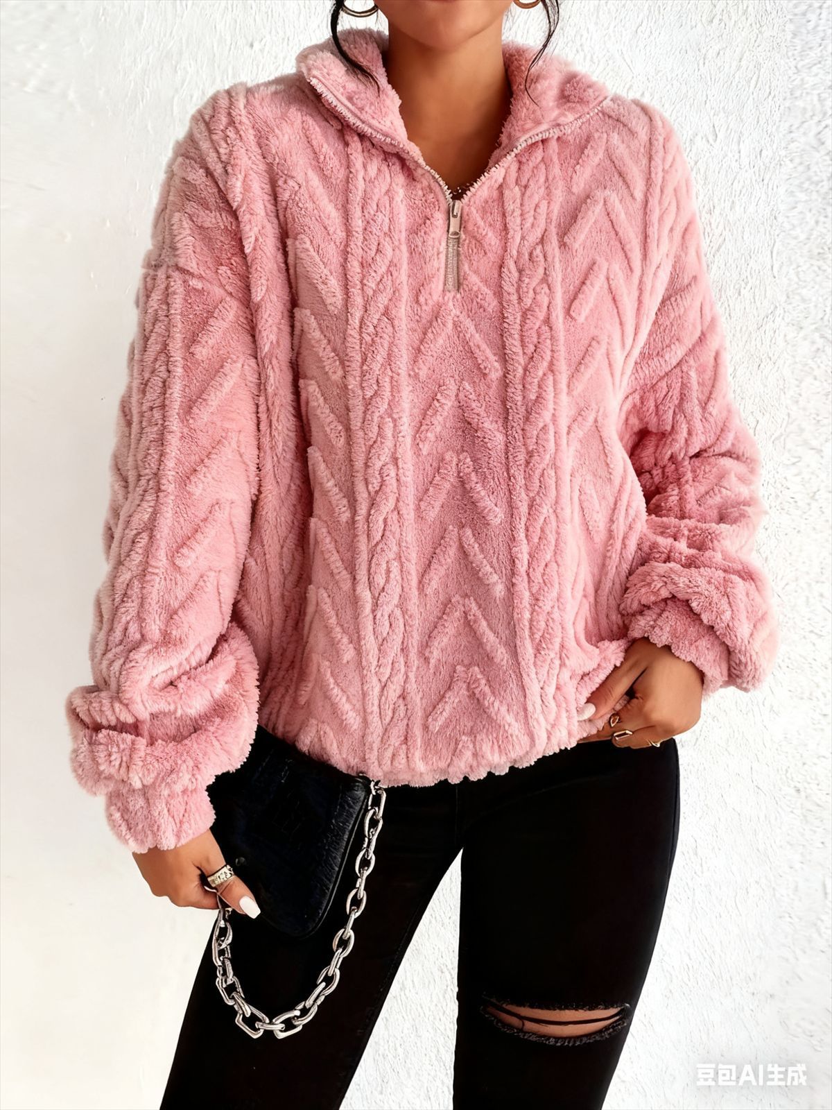 Women's Reversible Sherpa Fleece Zip-Up Hoodie - Plush Textured Pullover With Jacquard Floral Pattern, Oversized Casual Outerwear_ecoleips.com