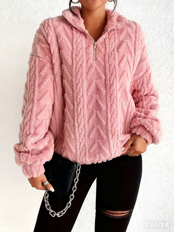 Women's Reversible Sherpa Fleece Zip-Up Hoodie - Plush Textured Pullover With Jacquard Floral Pattern, Oversized Casual Outerwear_ecoleips.com