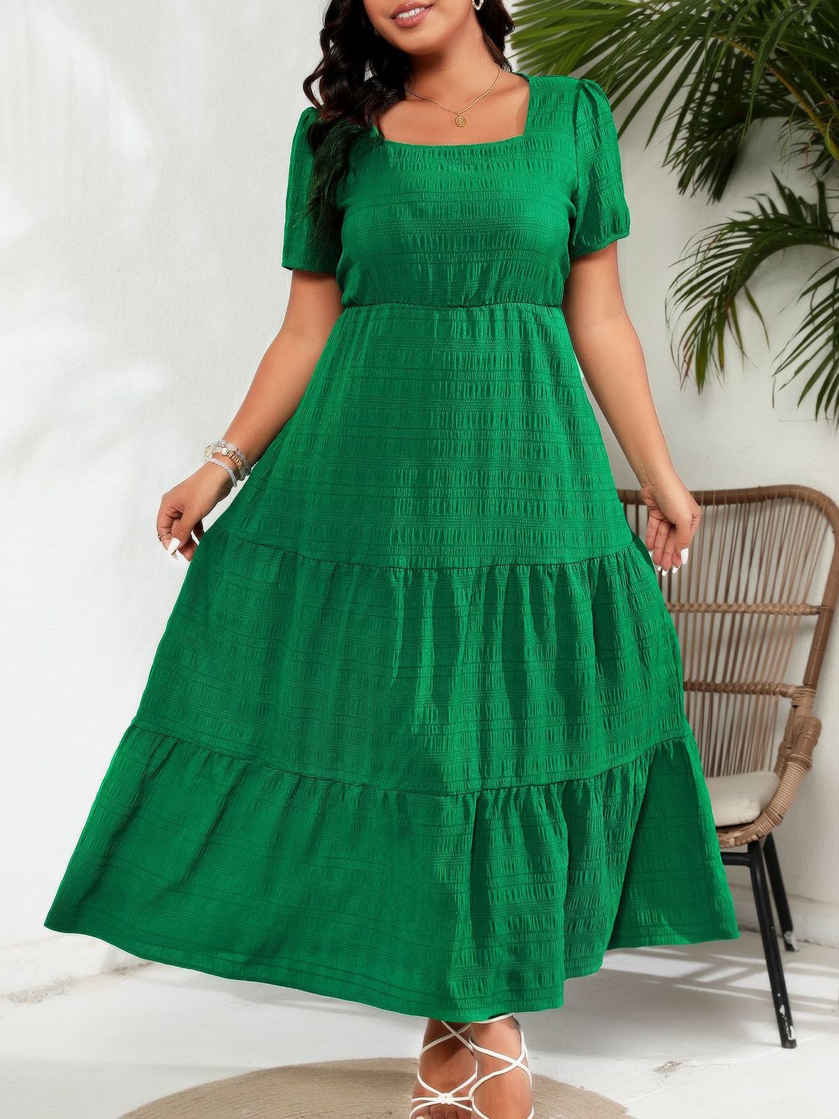 Women's Clothing Puff Sleeve Square Neck Back Pleated Short Sleeve Pocket Dress_ecoleips.com