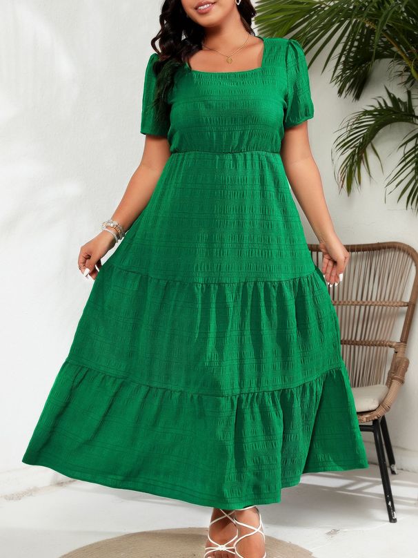 Women's Clothing Puff Sleeve Square Neck Back Pleated Short Sleeve Pocket Dress_ecoleips.com