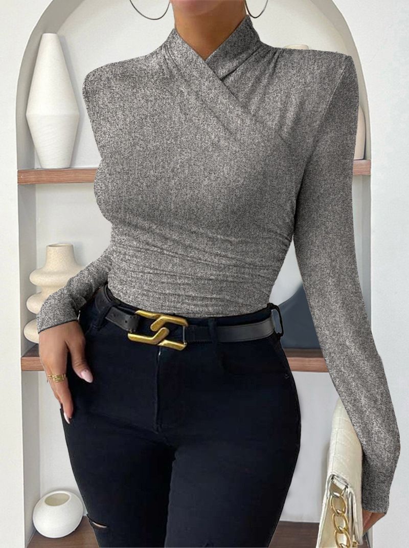 Women's Slim Fit Long Sleeve T-Shirt Cross Collar Solid Color European American Style Autumn Winter Pullover Fashion Sense_ecoleips.com