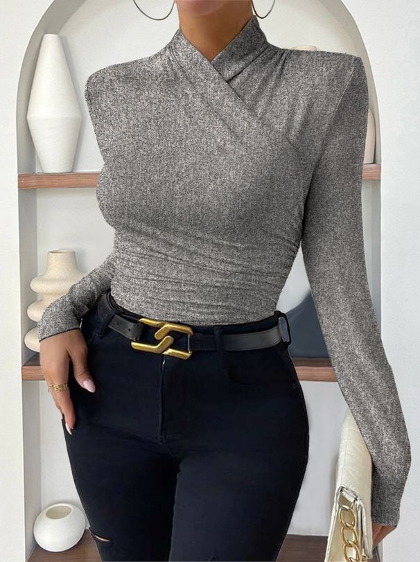 Women's Slim Fit Long Sleeve T-Shirt Cross Collar Solid Color European American Style Autumn Winter Pullover Fashion Sense_ecoleips.com