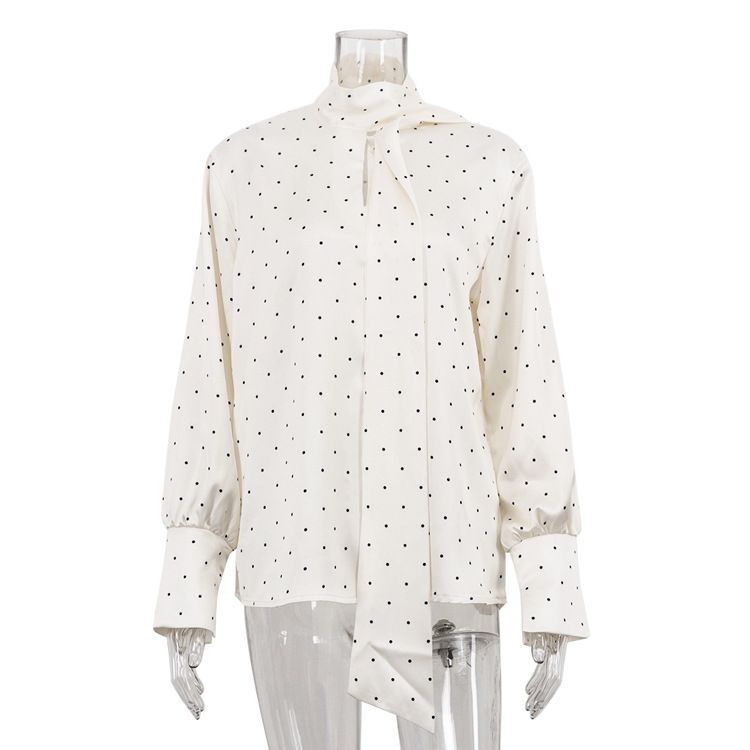 Women's Elegant Long Sleeved Shirt Polka Dot Digital Printed Satin Tie Waist New Style 2025_ecoleips.com