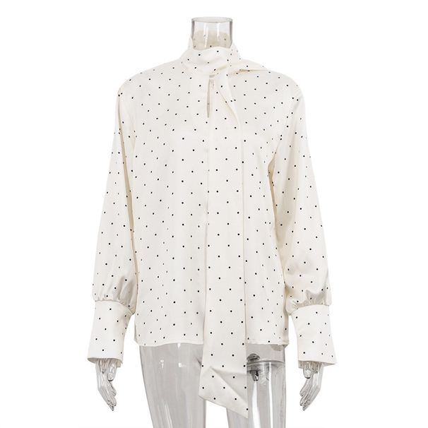 Women's Elegant Long Sleeved Shirt Polka Dot Digital Printed Satin Tie Waist New Style 2025_ecoleips.com