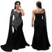 Women's Black Fishtail Evening Dress With Long Sleeves & Shawl - Elegant Diamond-Embellished Formal Gown_ecoleips.com