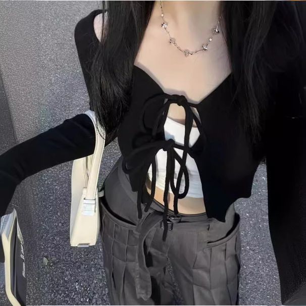 Women's Sexy American Style Long Sleeve Black Knit Cardigan Hot Girl Top Stylish Knitwear_ecoleips.com