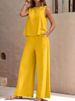 K Solid Color Elegant Two-piece Round Neck Vest And Wide Leg Pants Set For Women's Clothing. No Necklaces Or Other Accessories_ecoleips.com