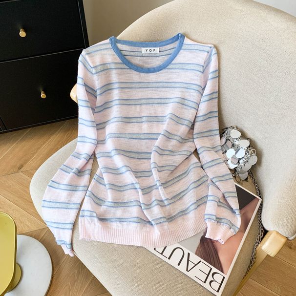 Women's Color Blocked Striped Sun Protection Shirt Thin Ice Silk Knit Sweater New Design Summer Top Real Photos 2026_ecoleips.com