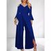 Women's Clothing Women's Slit Sequin Solid V Neck Basic Business Elegant Wide Leg Loose Sleeve Bell Sleeve Jumpsuit_ecoleips.com