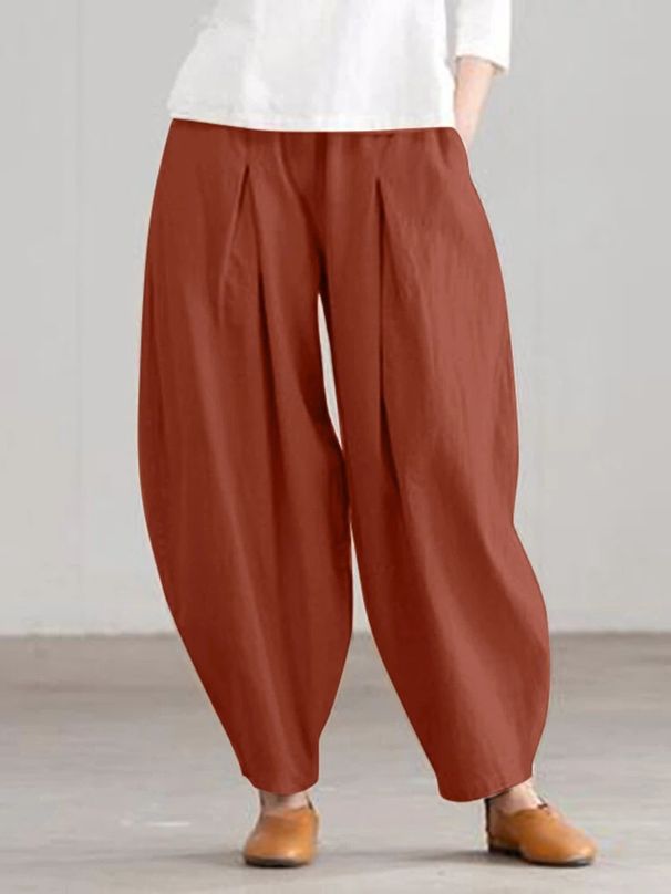 Suitable For All Seasons 2025 Summer Women's Simple Casual Cotton Linen Harem Wide-Leg Pants With Elastic Waist_ecoleips.com