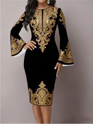 Women's Floral Print Bell Sleeve Midi Dress - Elegant Chiffon A-Line Dress For Party & Casual Wear_ecoleips.com
