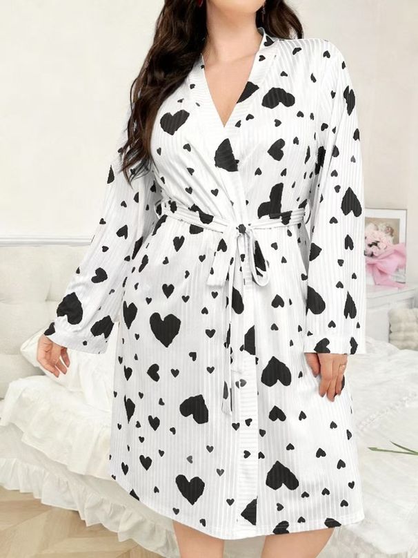 Aria Basics European American Cross-border Summer Plus-size Ribbed Heart-pattern Home Wear, Lace-up Robe, Casual And Wearable_ecoleips.com