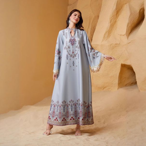 Women’s Clothing Muslim Women's Robe V Neck Printed Tassel Temperament Dress_ecoleips.com