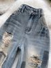 Women's Vintage Distressed Cross Patchwork Wide Leg Jeans, High Waist Ripped Frayed Denim Pants, Casual Streetwear Loose Trousers For Daily Outings &_ecoleips.com